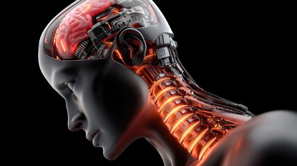 Human head and neck anatomy illustration with glowing elements