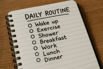 Breakfast wake exercise shower work spiral bound notebook lies open wooden surface showcasing, daily routine, lunch dinner, checklist planning.