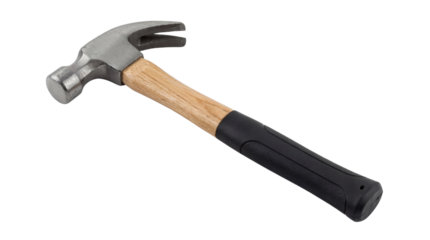 Sturdy curved claw hammer featuring a durable wooden handle and black rubber grip on transparent background