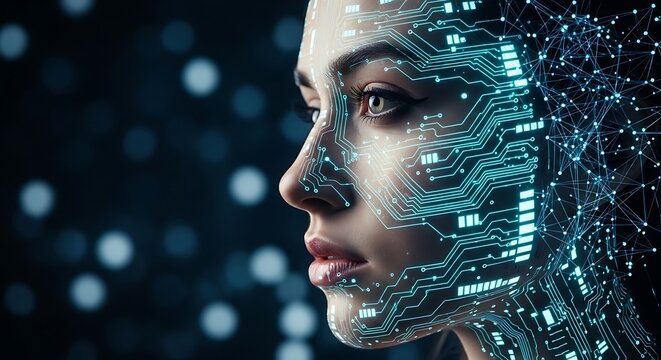 Profile of a woman with digital circuits overlaid on her face, representing artificial intelligence and technology - Powered by Adobe