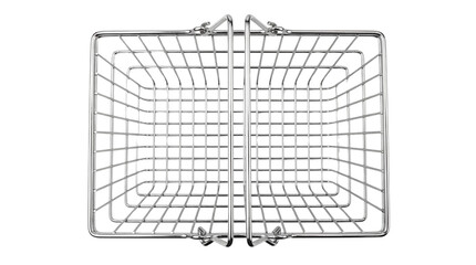 Minimalist polished chrome wire mesh shopping basket with dual carrying handles on transparent background