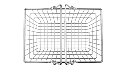 Minimalist polished chrome wire mesh shopping basket with dual carrying handles on transparent background