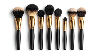 Array of cosmetic brushes with black handles, gold ferrules, and soft, natural bristles