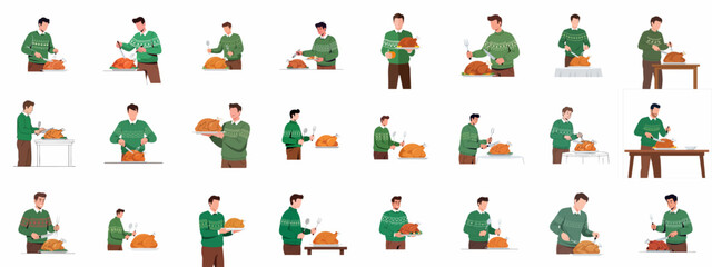 Obraz premium Collection of flat vector illustrations depicting a man in a festive sweater carving, serving, and presenting a roasted turkey or chicken for holiday dinners.