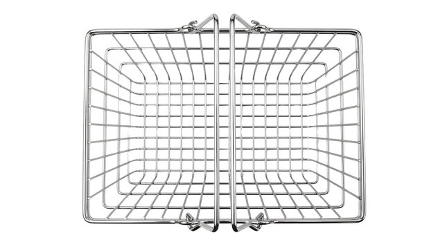 Minimalist polished chrome wire mesh shopping basket with dual carrying handles on transparent background