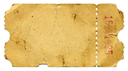 Aged, torn vintage paper ticket stub with red serial numbers on transparent background