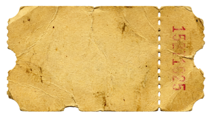 Aged, torn vintage paper ticket stub with red serial numbers on transparent background