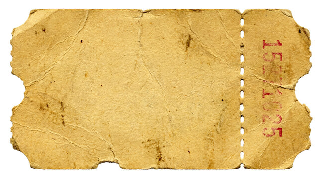 Aged, torn vintage paper ticket stub with red serial numbers on transparent background