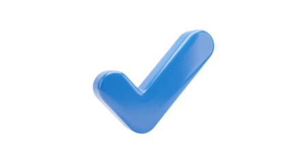 Shiny blue glossy 3d check mark icon representing confirmation and success on transparent background