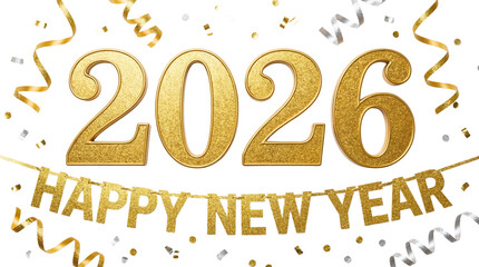 Glittering golden three dimensional numbers marking the arrival of the year 2026 on transparent background
