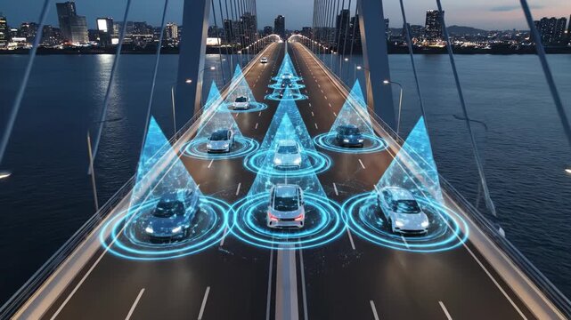 Autonomous vehicles driving on a futuristic bridge with blue graphics at night