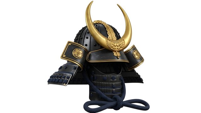 Traditional japanese samurai helmet with golden horns and ornaments