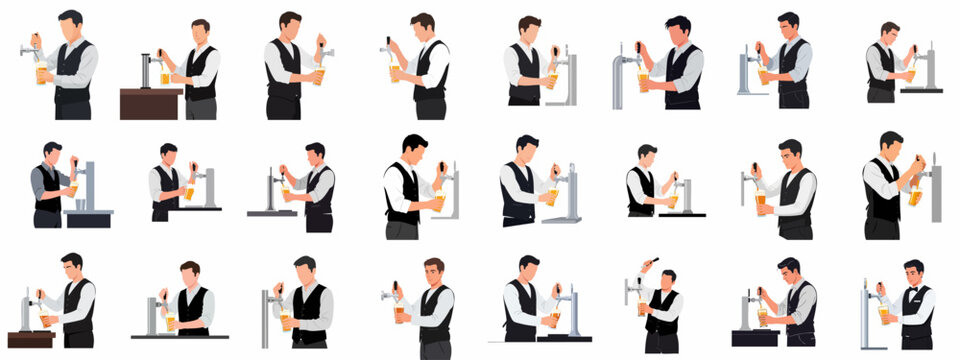 Collection of professional bartenders pouring beer from a tap dispenser, illustrating service and hospitality roles in bars and pubs.
