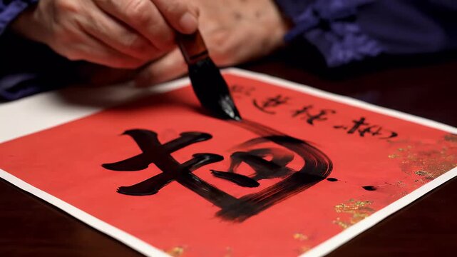 A close-up of a persons hand writing Chinese calligraphy on a red paper with a brush, creating traditional characters for good fortune and prosperity, a cultural art form.