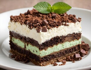slice of green mint chocolate lasagna dessert on a plate