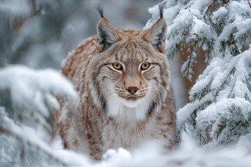 Obraz premium Wild lynx walking through snowy forest in winter, showcasing its striking features and natural beauty amid tranquil nature