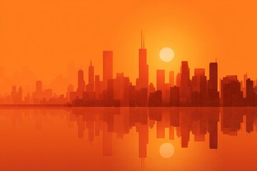 Obraz premium Skyline view at sunset showcasing dramatic orange glow over urban landscape and reflections in water below near the city in Florida