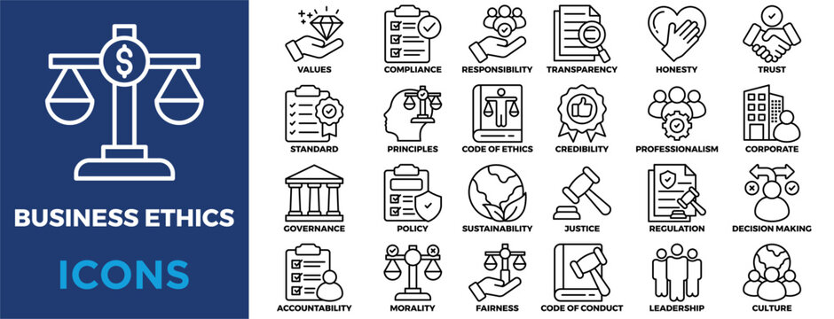 Business Ethics icon collection set. Containing values,compliance,responsibility,transparency,honesty,trust,accountability,conduct,standards,principles icon