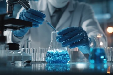 Scientist conducts analysis of blue liquid substance in laboratory setting during daytime with precise pipetting technique
