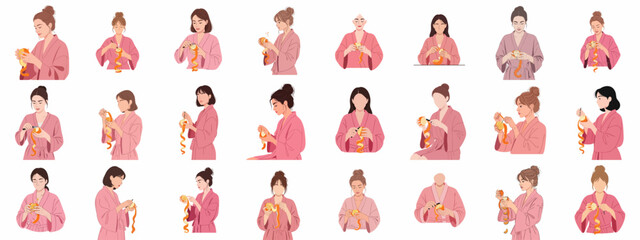 A set of illustrations featuring diverse women in pink bathrobes peeling oranges, depicting morning self-care, wellness routines, and healthy fruit preparation.