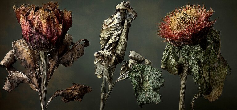 Tr&iacute;o de flores secas en un estudio fotogr&aacute;fico.
