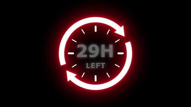 Real time countdown timer animation. Modern flat design of countdown animation on transparent background. 29 hour left. Time remaining countdown concept. Clock icon.