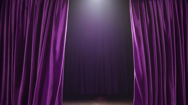 Curtain Reveal: The stage curtain is drawn open, revealing an elegant purple backdrop beneath the spotlight, hinting at an imminent performance.