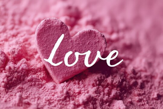 Un coraz&oacute;n de terciopelo emerge de un lecho de polvo rosa, evocando una sensaci&oacute;n de ternura y romanticismo.
