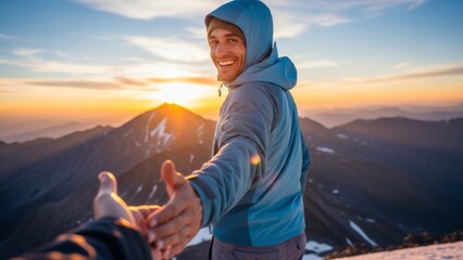 Couple Holding Hands Reaching Summit Sunrise Adventure Motivation Couple Goals