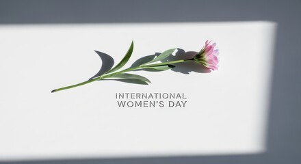 A single pink flower with green leaves on a white surface with soft shadows, representing international womens day