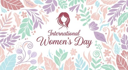 International womens day text surrounded by a floral pattern of leaves and flowers in pastel colors on a white background