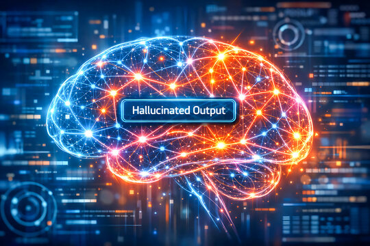 Glowing Neural Network Brain with Hallucinated Output Text