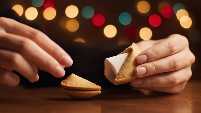 Hands opening a fortune cookie with bokeh lights in the background.