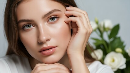 Serene close-up portrait of a beautiful young woman with radiant, flawless skin and captivating eyes, reflecting natural beauty and gentle elegance