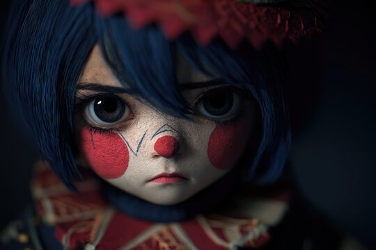 Retrato de una mu&ntilde;eca con maquillaje de payaso y expresi&oacute;n triste.