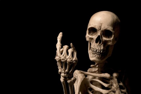 Un esqueleto levanta el dedo en un gesto desafiante contra un fondo negro.