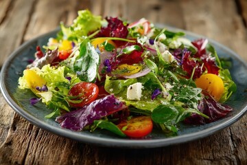 Vibrant healthy salad featuring fresh greens, cherry tomatoes, and edible flowers served on rustic wooden table in a natural light setting