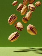 Pistachos flotando en el aire sobre un fondo verde vibrante.
