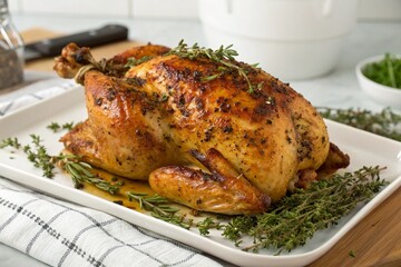 A roasted chicken with herbs and vegetables on top of a white plate