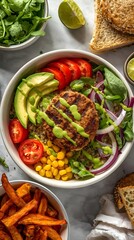 Vegan Salad Bowl with Avocado and Grilled Patty in Fresh Green Sauce on White Background for Healthy Eating