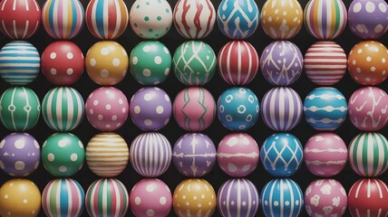 Stunning collection of vibrantly painted Easter eggs stacked in a perfect geometric pattern against dark background