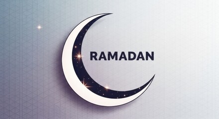 Ramadan crescent moon symbol with stars and text, islamic holiday greeting, religious celebration, spiritual month, moon phase, night sky, celestial