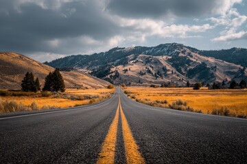 Scenic road stretches through vast landscape with rolling hills and golden fields on a cloudy day
