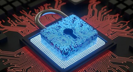 A glowing blue padlock rests on a computer chip, surrounded by intricate red circuit board pathways, representing digital security and data protection