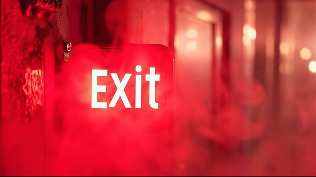 A glowing exit sign enveloped in red smoke, creating a dramatic atmosphere.