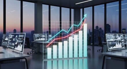 3D Business Graph Visualization with Arrow Highlight in Modern Office