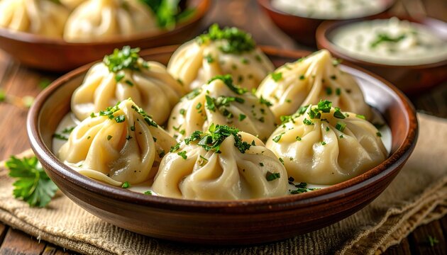 A rustic ceramic bowl of traditional Georgian khinkali dumplings.