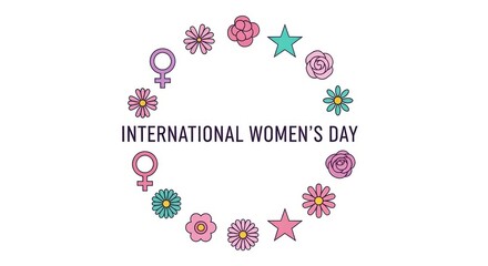 International womens day circular design with female symbols, flowers, and stars on a white background