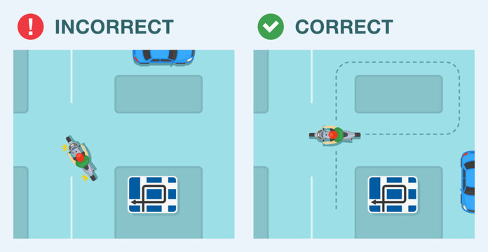 Safe driving tips and traffic regulation rules. Correct, incorrect driving where left turn is prohibited at an intersection.Top view of a motorcycle rider. Flat vector illustration template.