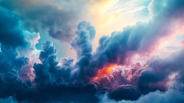 dramatic clouds, colorful smoke, sunset sky